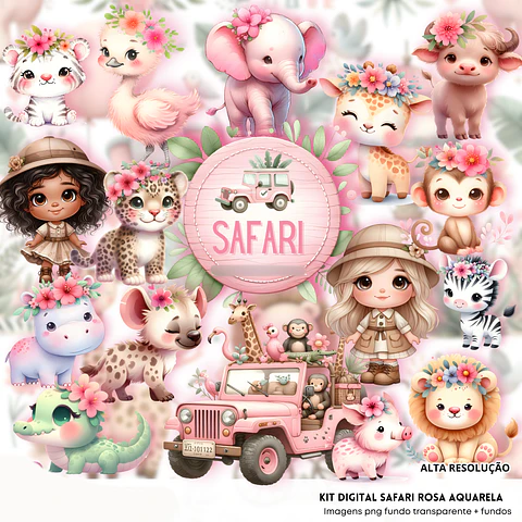 Kit Digital Safari Rosa 3D - Fanddy