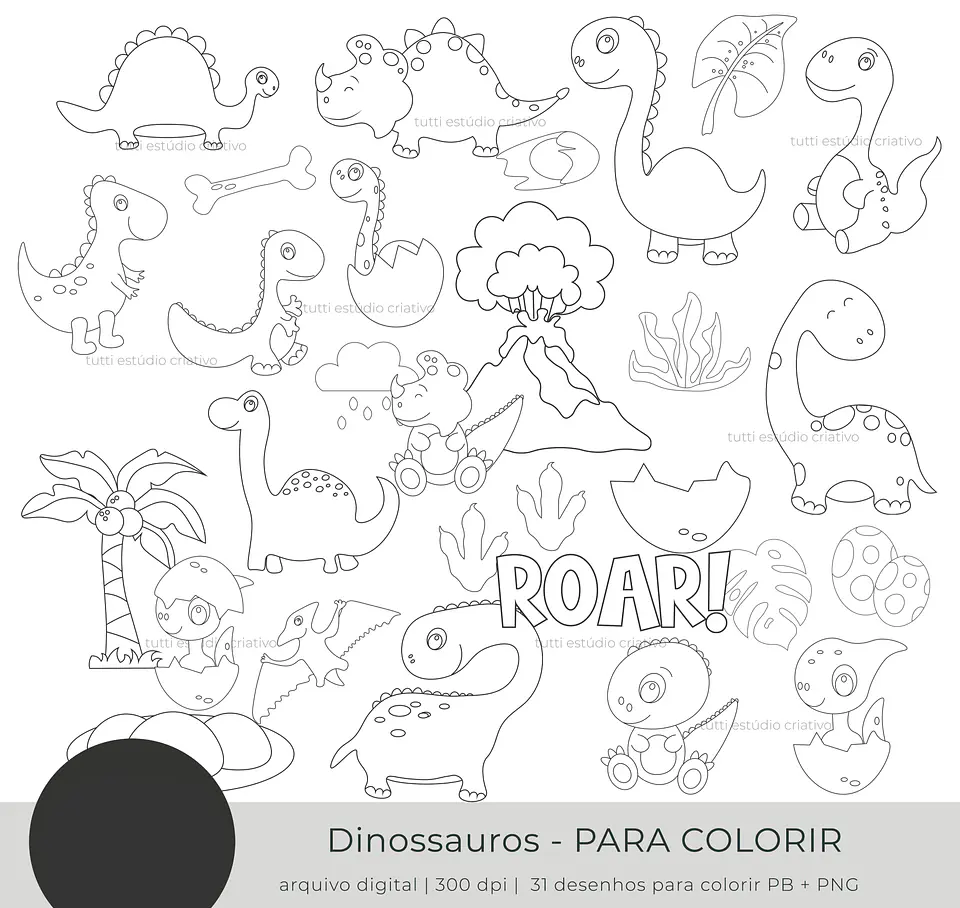 Kit Digital Dinossauro Para Colorir Preto e Branco - TUTTI 3