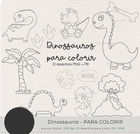 Kit Digital Dinossauro Para Colorir Preto e Branco - TUTTI