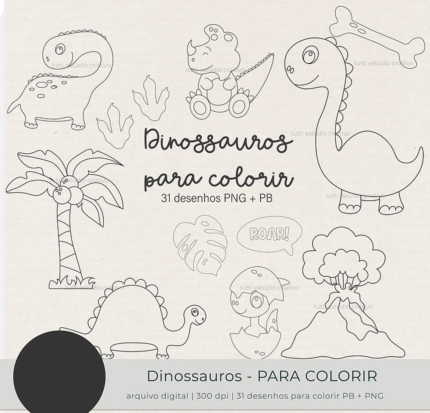 Kit Digital Dinossauro Para Colorir Preto e Branco - TUTTI 1