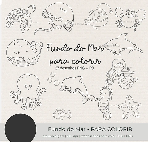 Kit Digital Fundo do Mar Para Colorir Preto e Branco - TUTTI