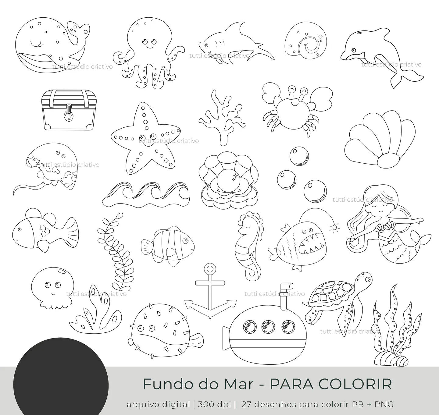 Kit Digital Fundo do Mar Para Colorir Preto e Branco - TUTTI 2