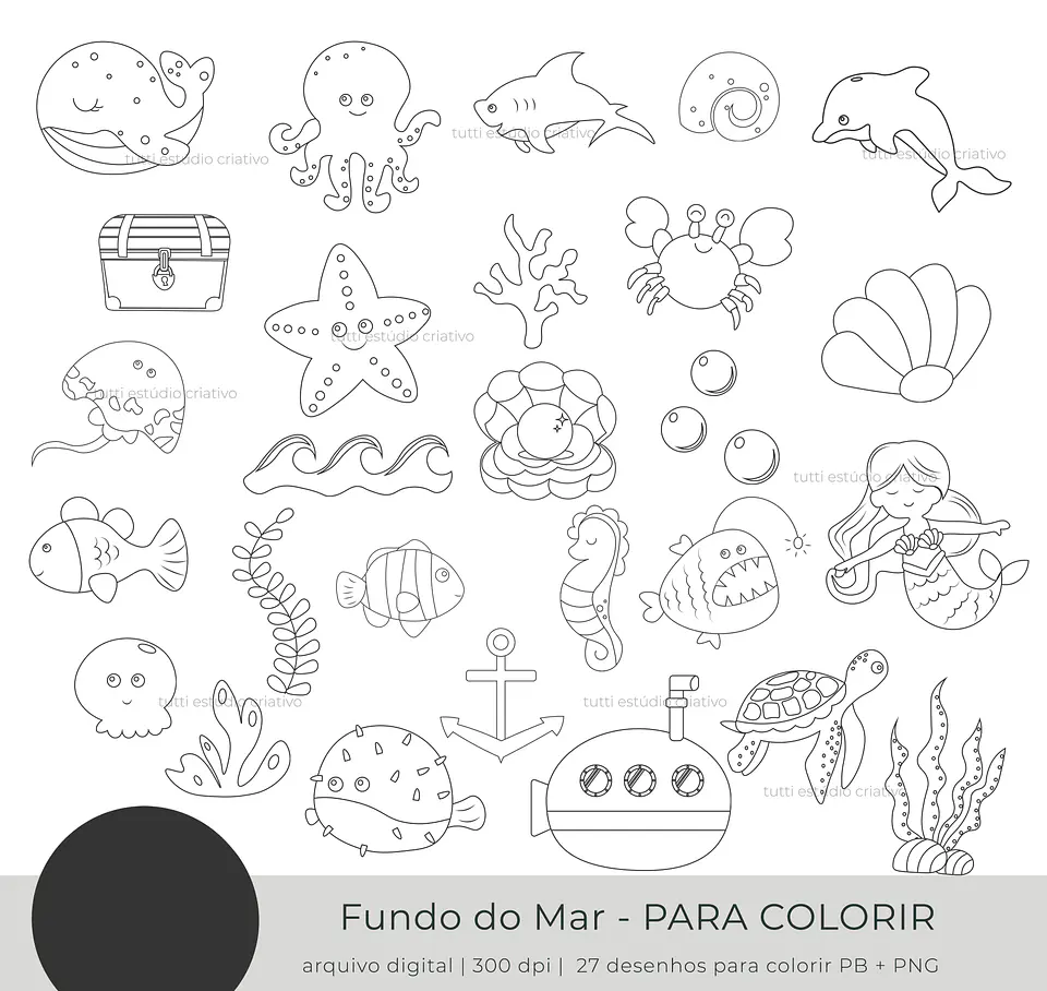 Kit Digital Fundo do Mar Para Colorir Preto e Branco - TUTTI 2