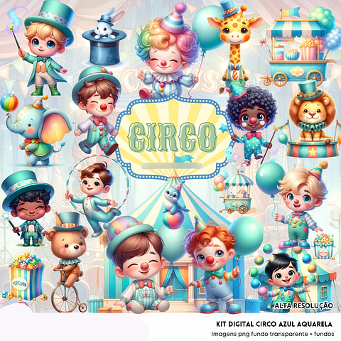 Kit Digital Circo Azul Aquarela - Fanddy