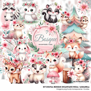 Kit Digital 3D Bosque Encantado Rosa - Fanddy
