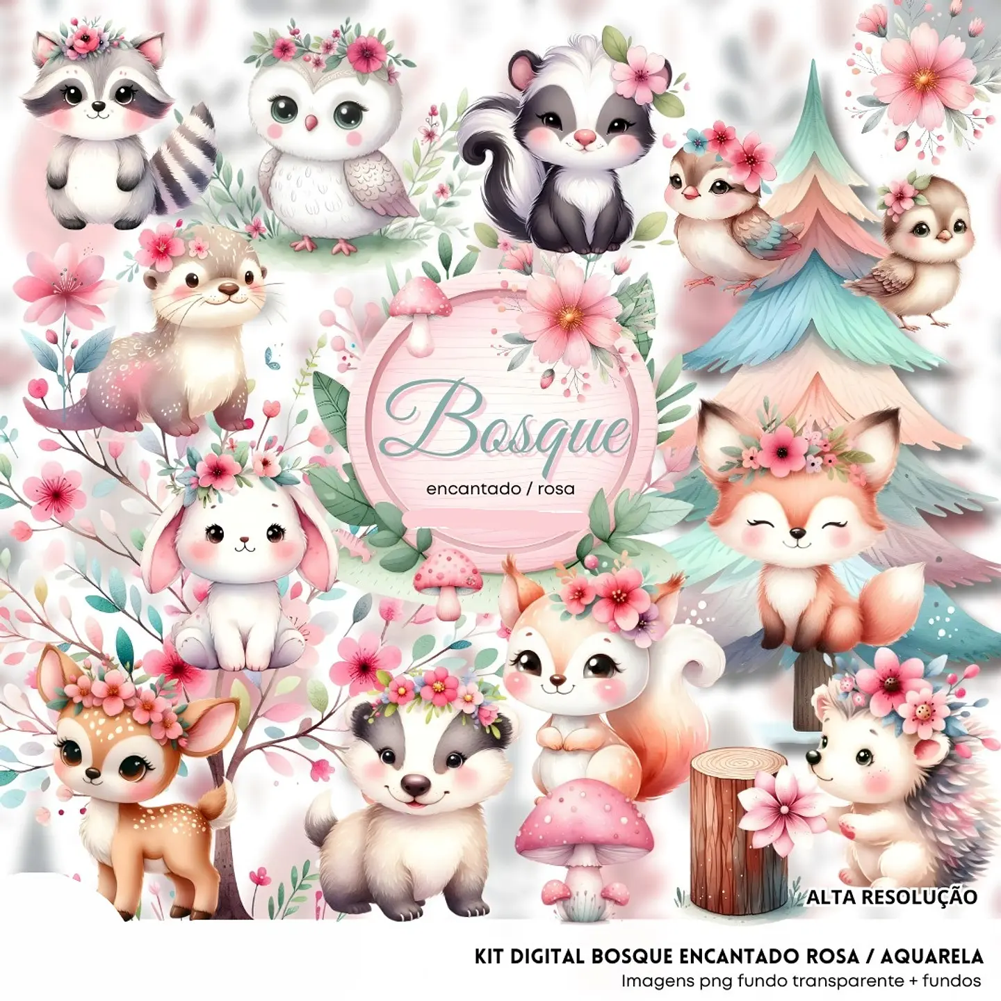 Kit Digital 3D Bosque Encantado Rosa - Fanddy 1