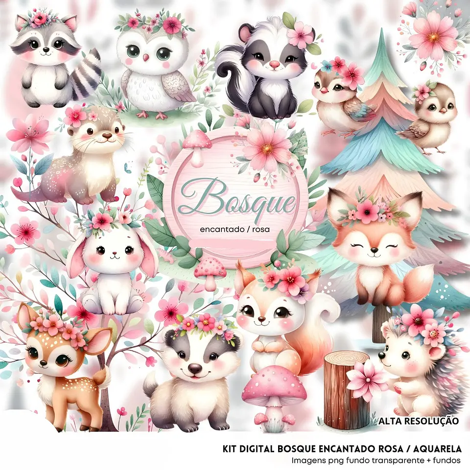 Kit Digital 3D Bosque Encantado Rosa - Fanddy 1