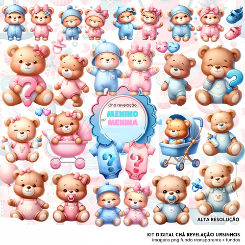 Kit Digital 3D Chá Revelação Ursinhos - Fanddy