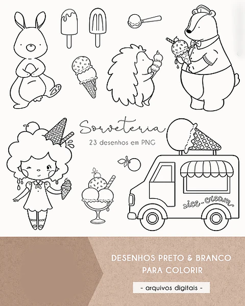 Kit Digital Sorveteria para Colorir - ni studio