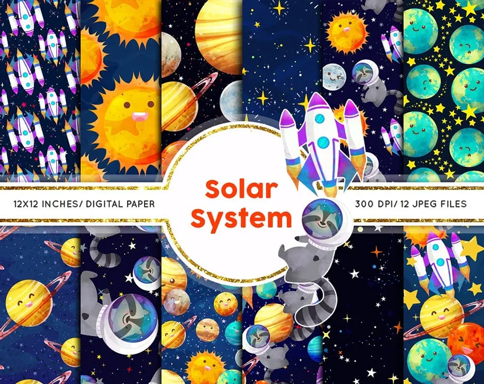 Kit Digital Papéis Astronauta Sistema Solar 1