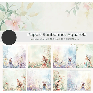 Kit Digital Papel Sunbonnet Aquarela Floral - tutti