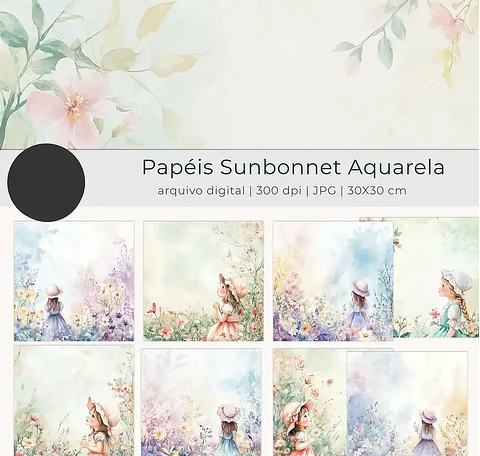 Kit Digital Papel Sunbonnet Aquarela Floral - tutti
