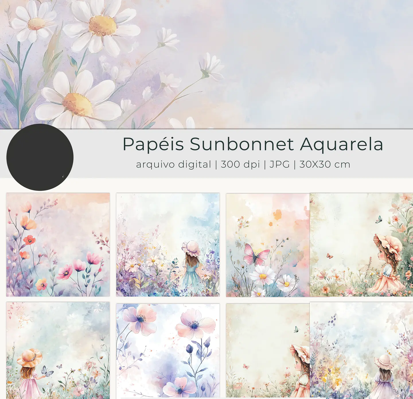 Kit Digital Papel Sunbonnet Aquarela Floral - tutti 2