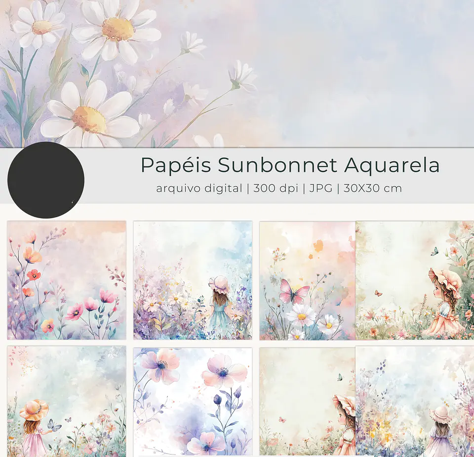 Kit Digital Papel Sunbonnet Aquarela Floral - tutti 2