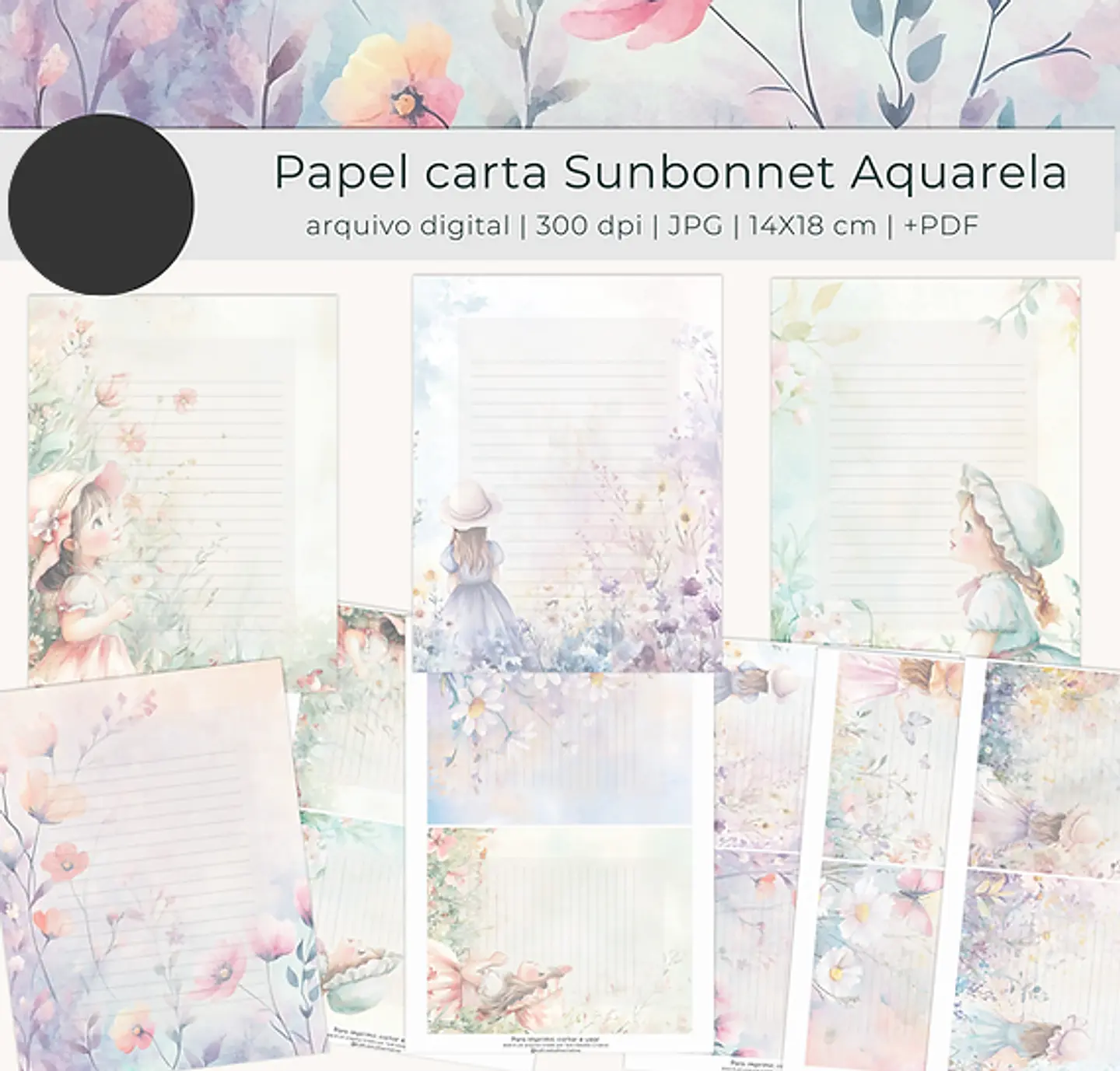 Arquivo Papel de Carta Sunbonnet Floral Aquarela - tutti 2