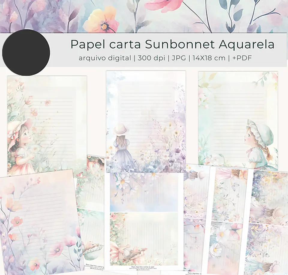 Arquivo Papel de Carta Sunbonnet Floral Aquarela - tutti 2