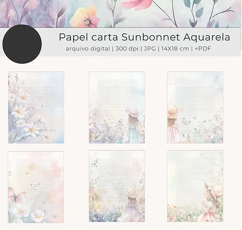 Arquivo Papel de Carta Sunbonnet Floral Aquarela - tutti