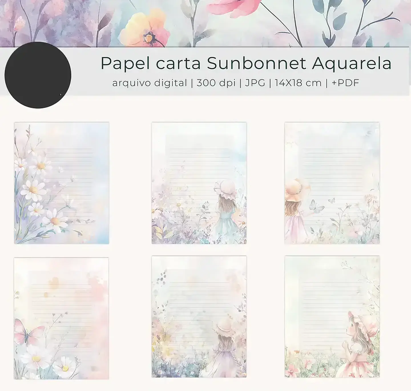 Arquivo Papel de Carta Sunbonnet Floral Aquarela - tutti 1