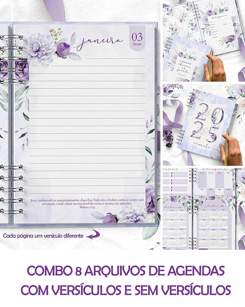 Arquivo Coleção Violeta Combo 8 Agendas 2025 e Permanente COM e SEM VERSÍCULOS e HORÁRIOS - BICHO PAPEL