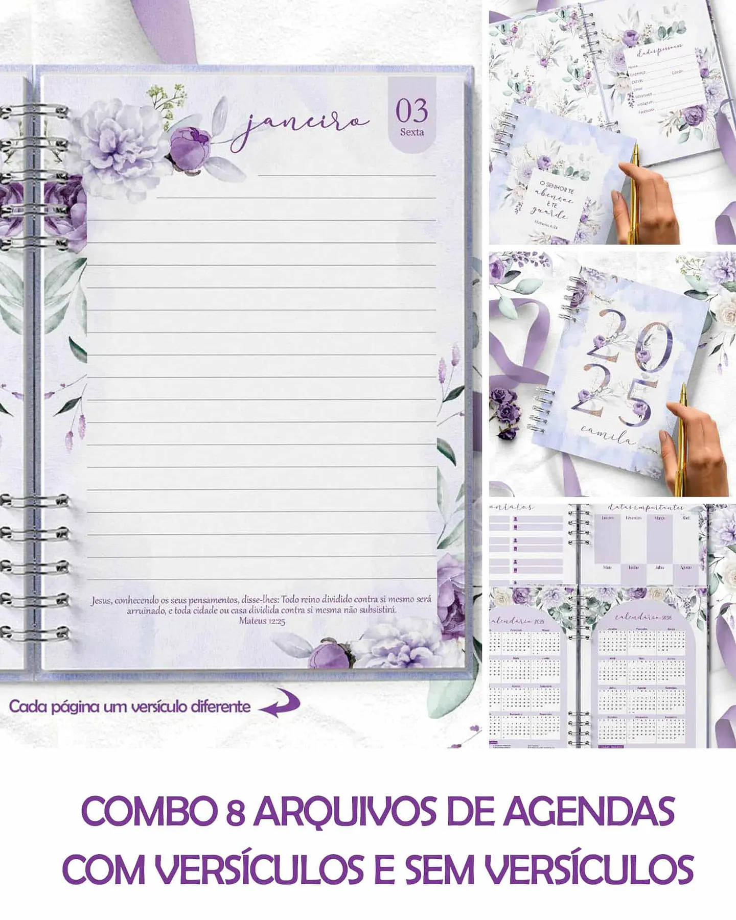 Arquivo Coleção Violeta Combo 8 Agendas 2025 e Permanente COM e SEM VERSÍCULOS e HORÁRIOS - BICHO PAPEL 1