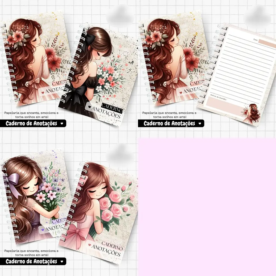 Arquivo Encadernação Pack Caderno de Anotações Menina Floral - ENCADERNA LOVERS 1