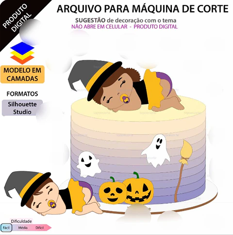  Arquivo Topo de Bolo Halloween Bebê Bruxinha - EM CAMADAS