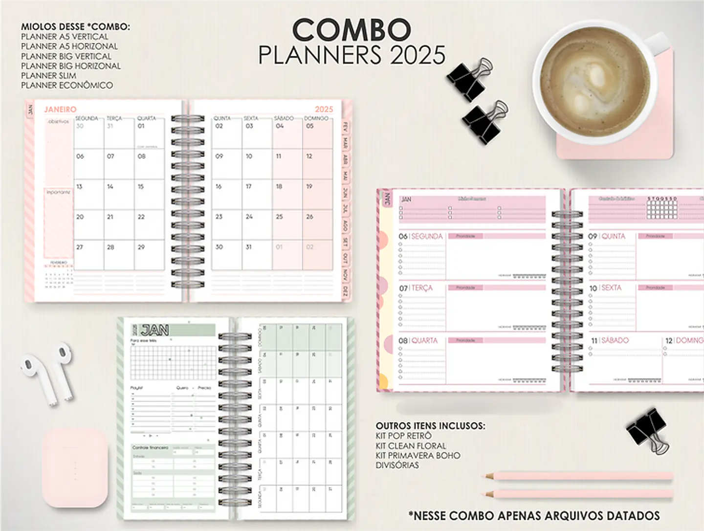 Arquivo Combo Planners Datados BIG, A5 e SLIM - Capas e Divisorias - Moldes da Le 1
