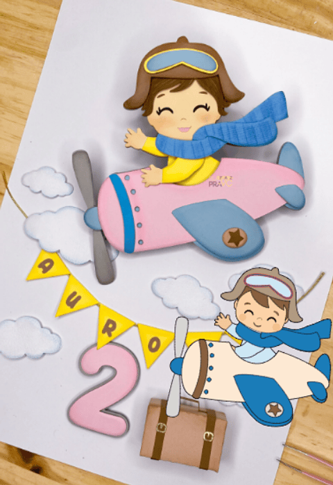 Arquivo Topo de Bolo Aviador Menino e Menina - EM CAMADAS