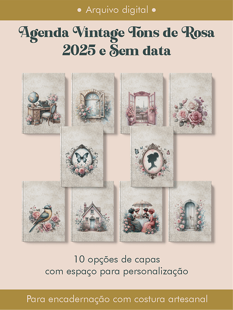 Arquivo Agenda Vintage Tons de Rosa 2025 e Permantente COSTURA - Perfeito Miolo