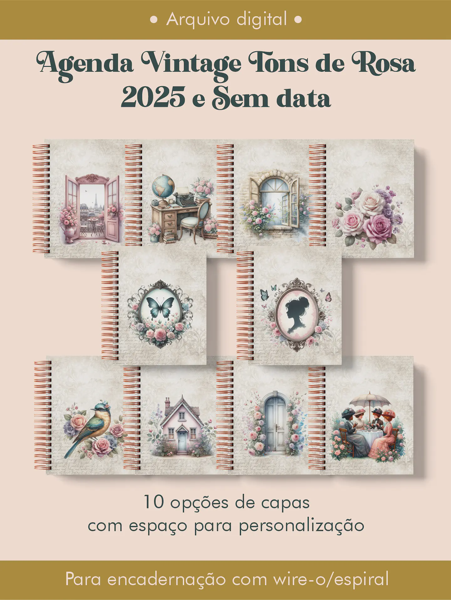Arquivo Agenda Vintage Tons de Rosa 2025 e Permantente WIRE-O e ESPIRAL - Perfeito Miolo 1