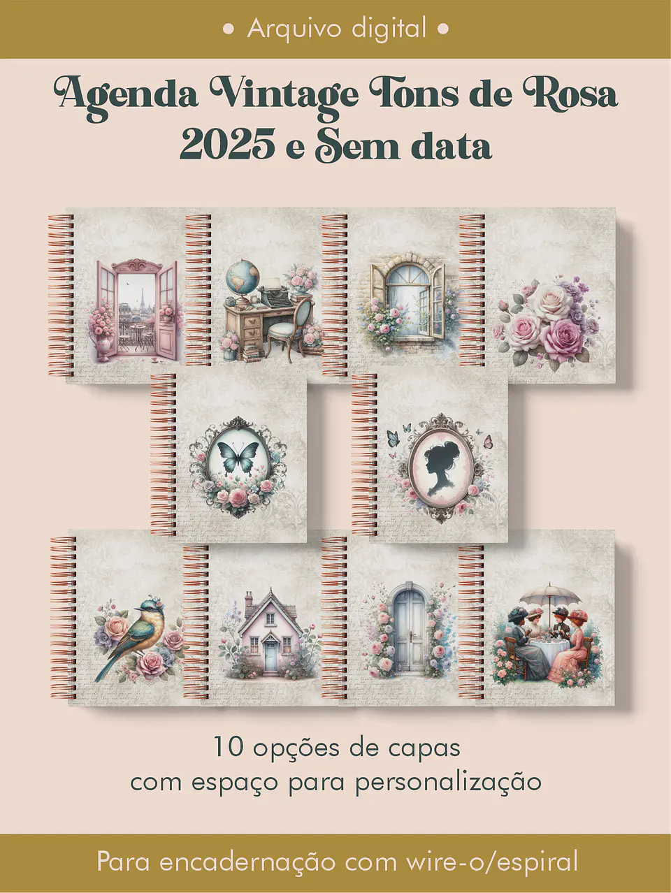Arquivo Agenda Vintage Tons de Rosa 2025 e Permantente WIRE-O e ESPIRAL - Perfeito Miolo 1
