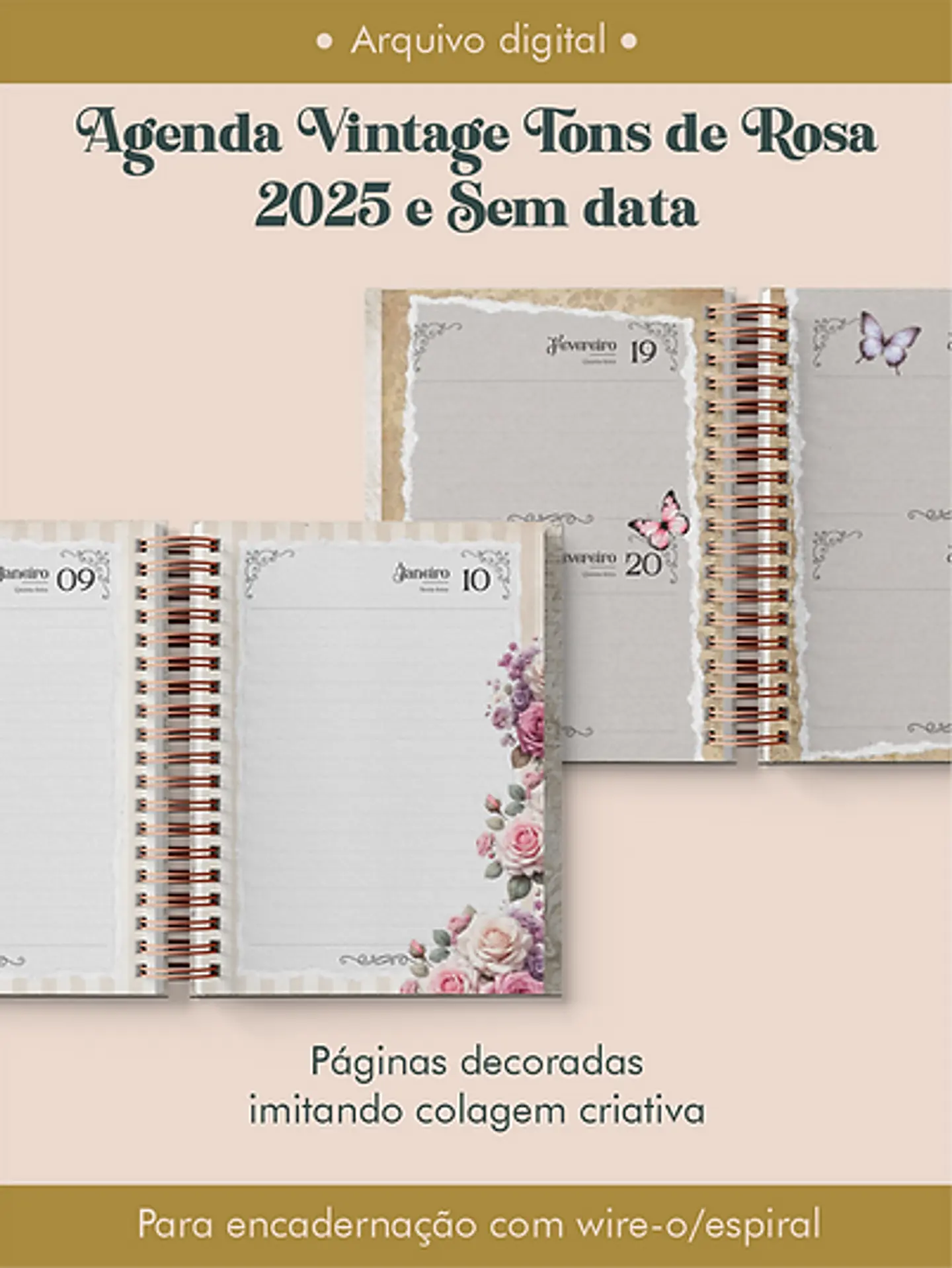 Arquivo Agenda Vintage Tons de Rosa 2025 e Permantente WIRE-O e ESPIRAL - Perfeito Miolo 3