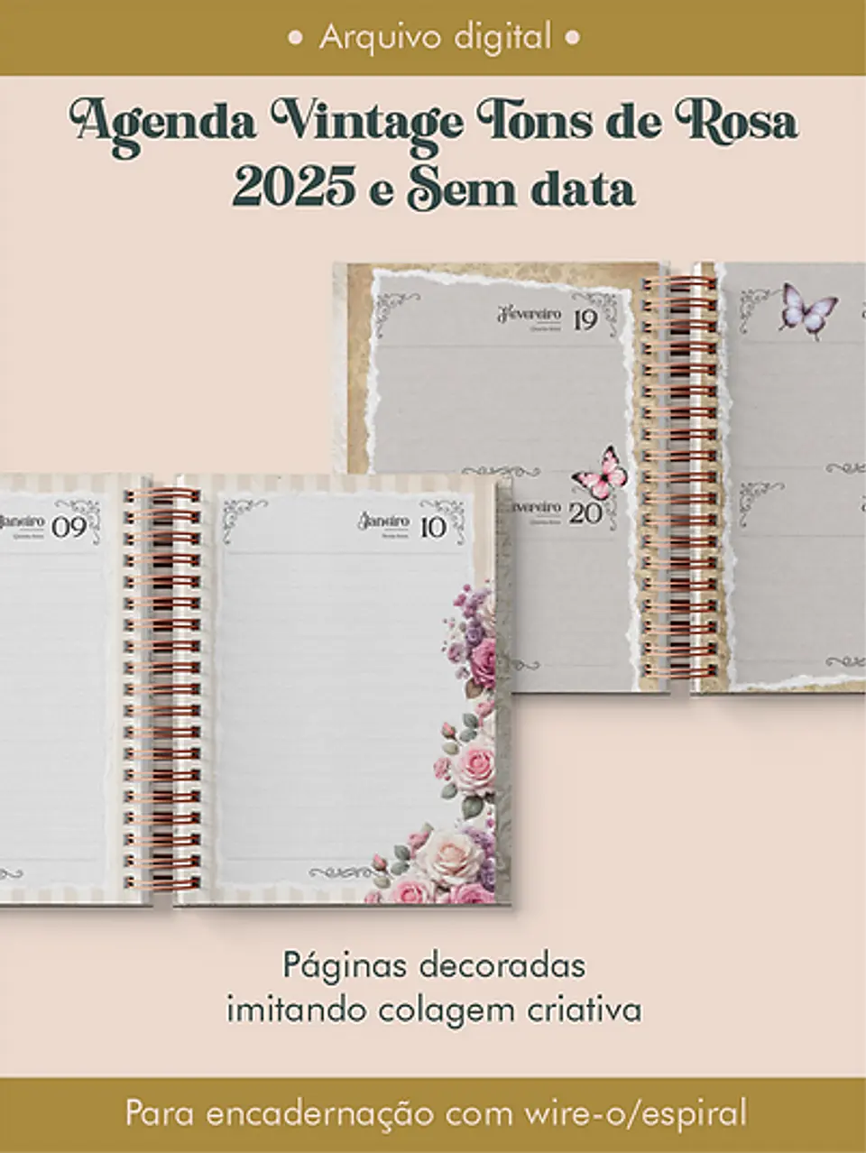 Arquivo Agenda Vintage Tons de Rosa 2025 e Permantente WIRE-O e ESPIRAL - Perfeito Miolo 3