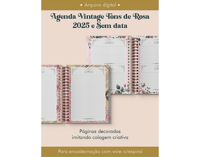 Arquivo Agenda Vintage Tons de Rosa 2025 e Permantente WIRE-O e ESPIRAL - Perfeito Miolo