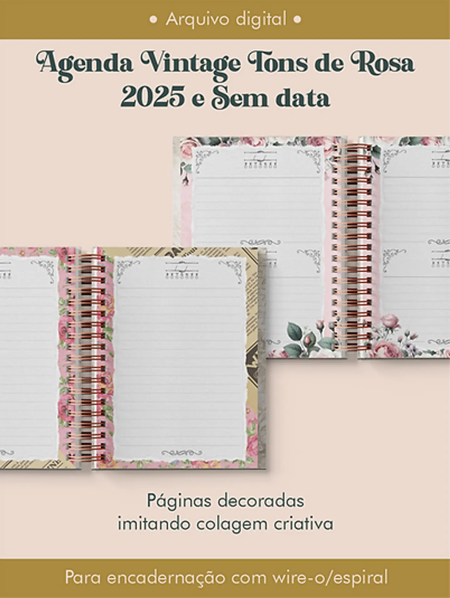 Arquivo Agenda Vintage Tons de Rosa 2025 e Permantente WIRE-O e ESPIRAL - Perfeito Miolo 7