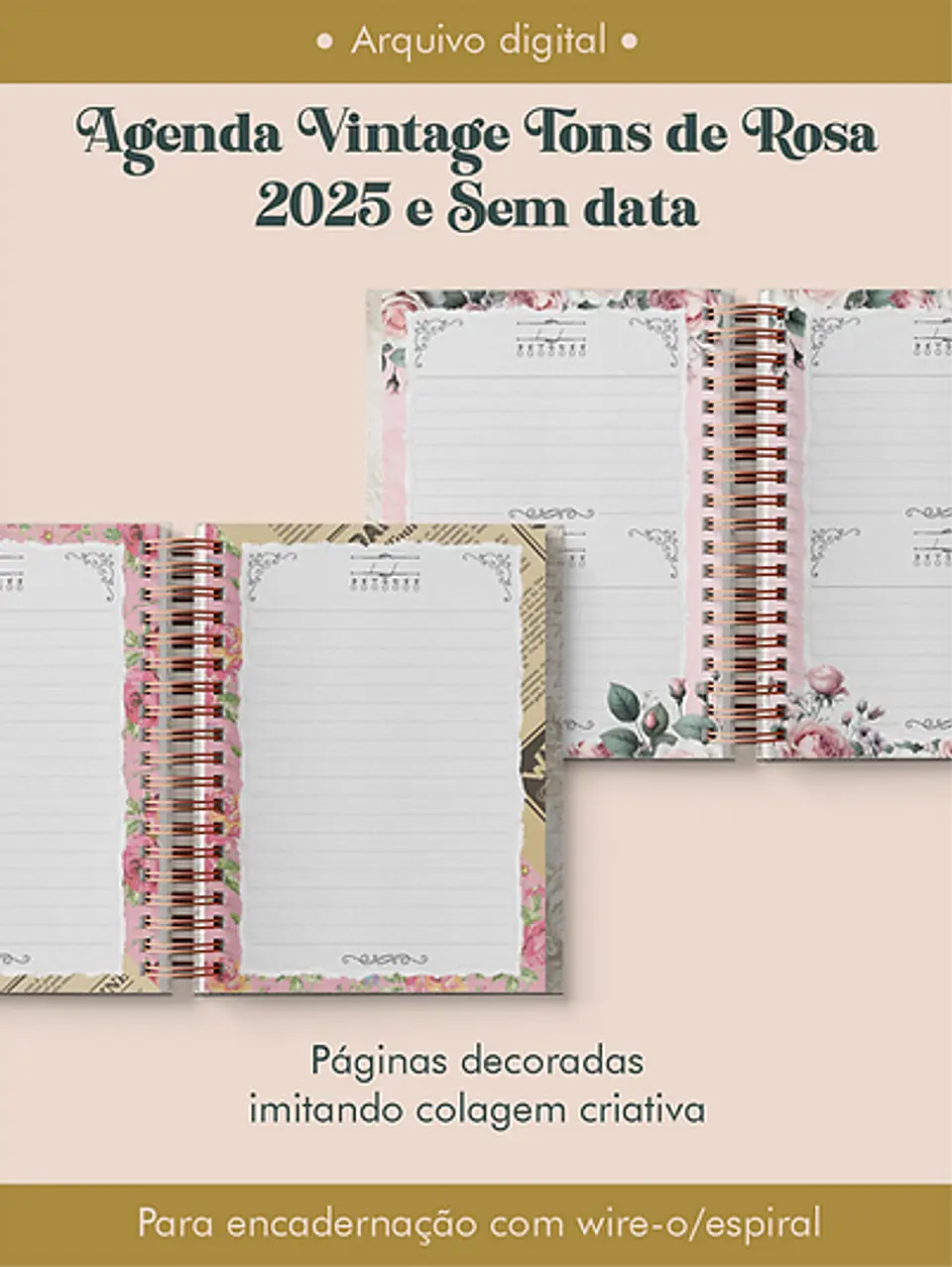 Arquivo Agenda Vintage Tons de Rosa 2025 e Permantente WIRE-O e ESPIRAL - Perfeito Miolo 7