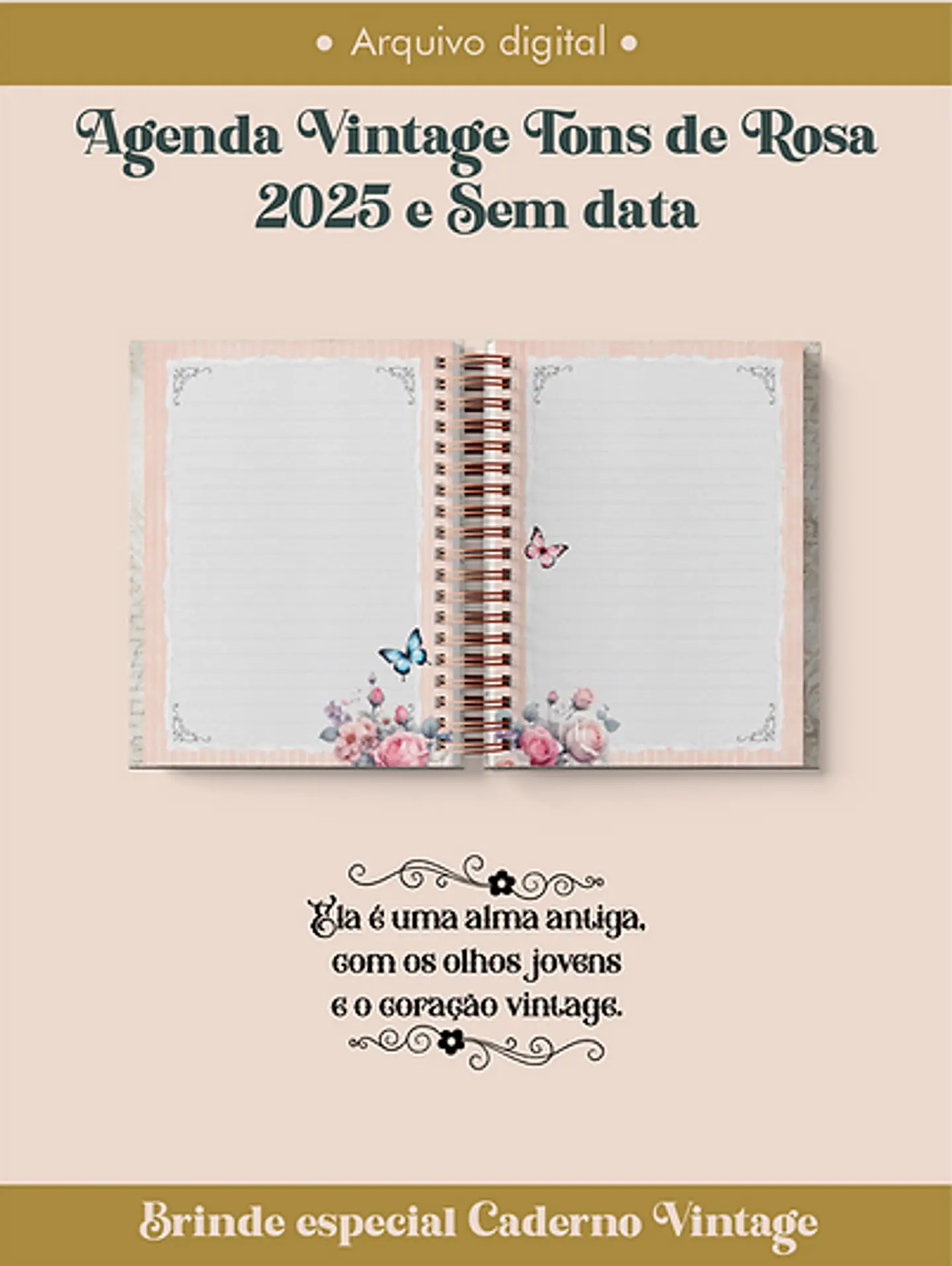 Arquivo Agenda Vintage Tons de Rosa 2025 e Permantente WIRE-O e ESPIRAL - Perfeito Miolo 8