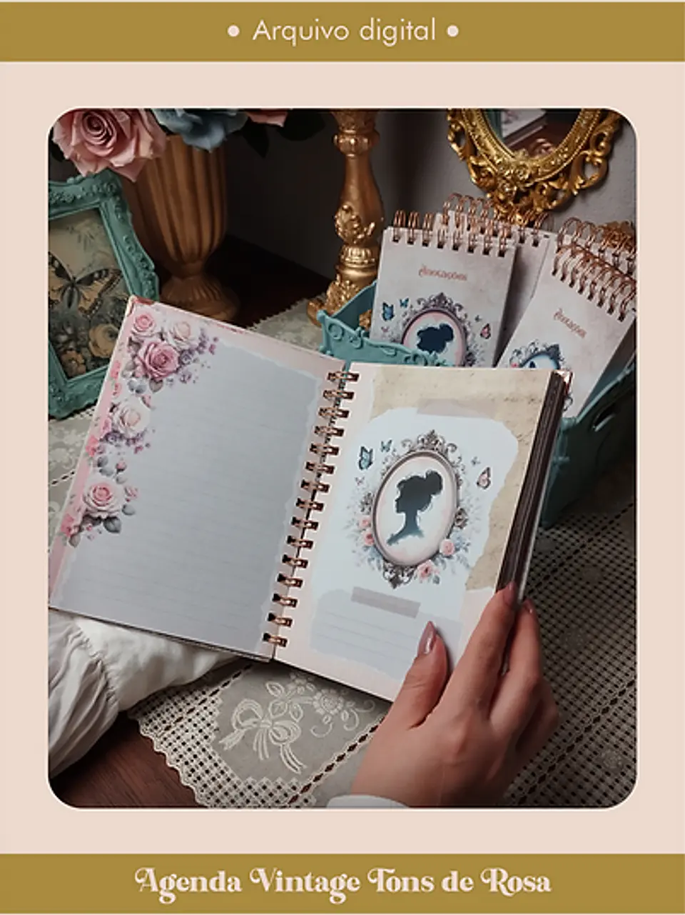 Arquivo Agenda Vintage Tons de Rosa 2025 e Permantente WIRE-O e ESPIRAL - Perfeito Miolo 12