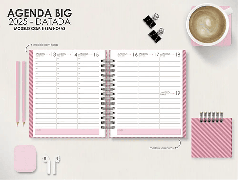 Arquivo Miolo Big 17,5x21cm 2025 - Visão Semanal em 2 Páginas - Moldes da Lê