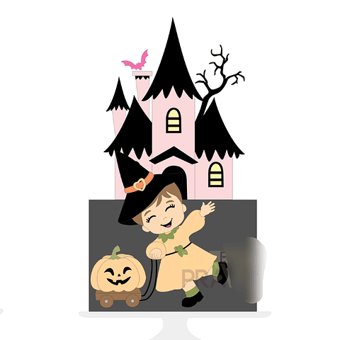 Arquivo Topo de Bolo Halloween Bruxinha Castelo Rosa - EM CAMADAS