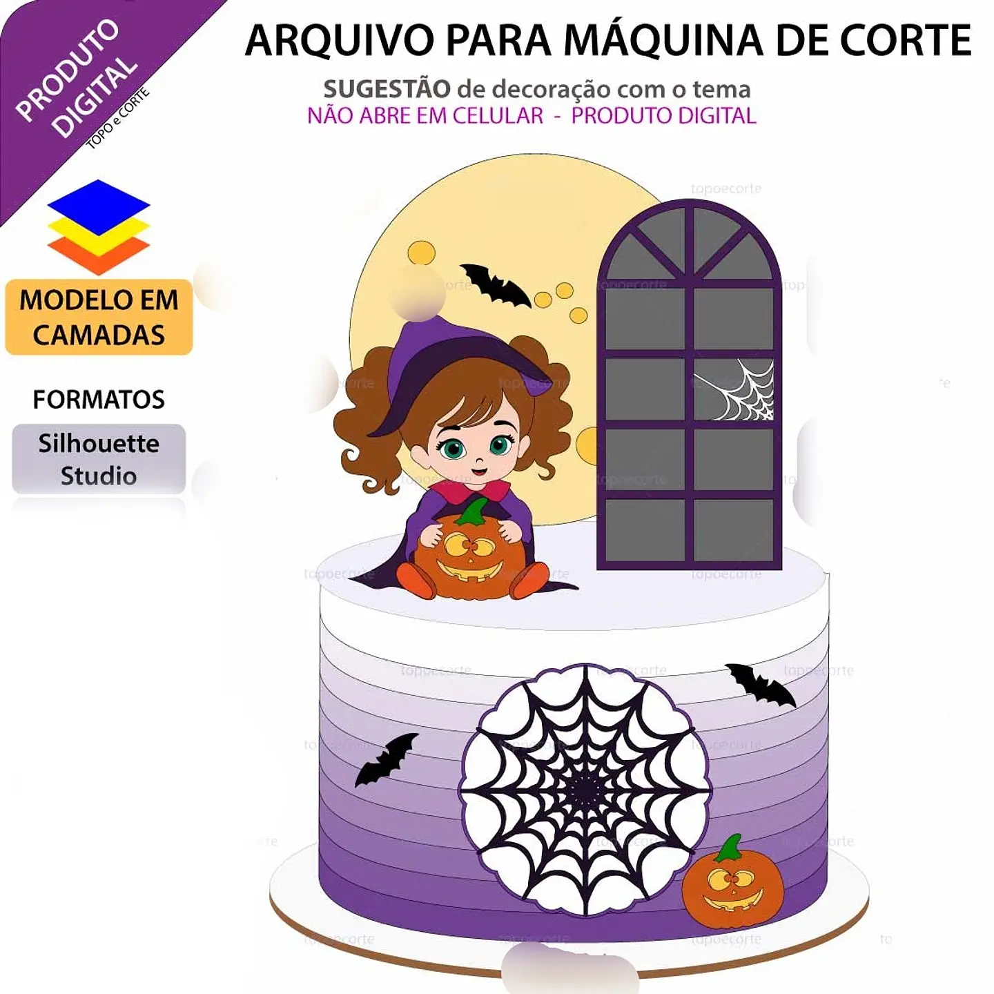 Arquivo Topo de Bolo Halloween Bruxinha Sentada - EM CAMADAS 1