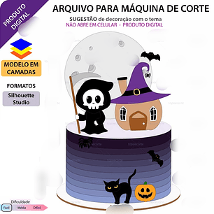 Arquivo Topo de Bolo Halloween Caveirinha Casa Abóbora - EM CAMADAS