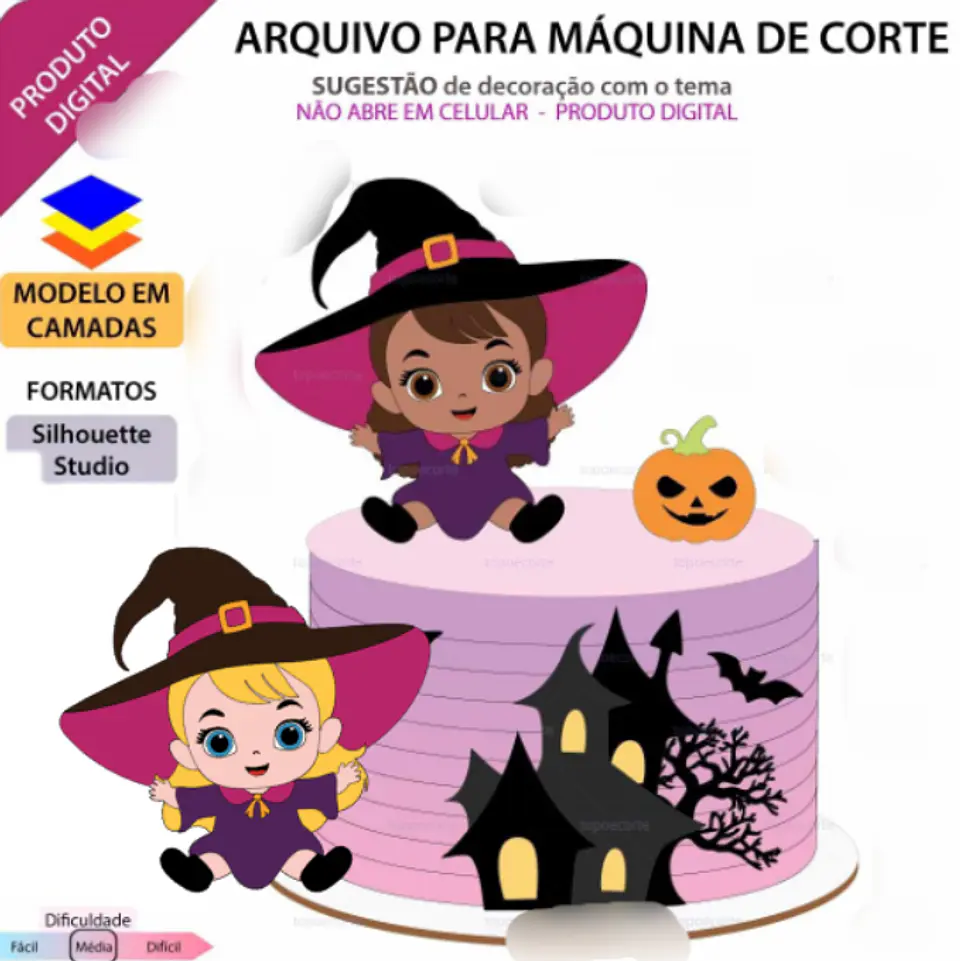 Arquivo Topo de Bolo Halloween Bruxinhas - EM CAMADAS 1