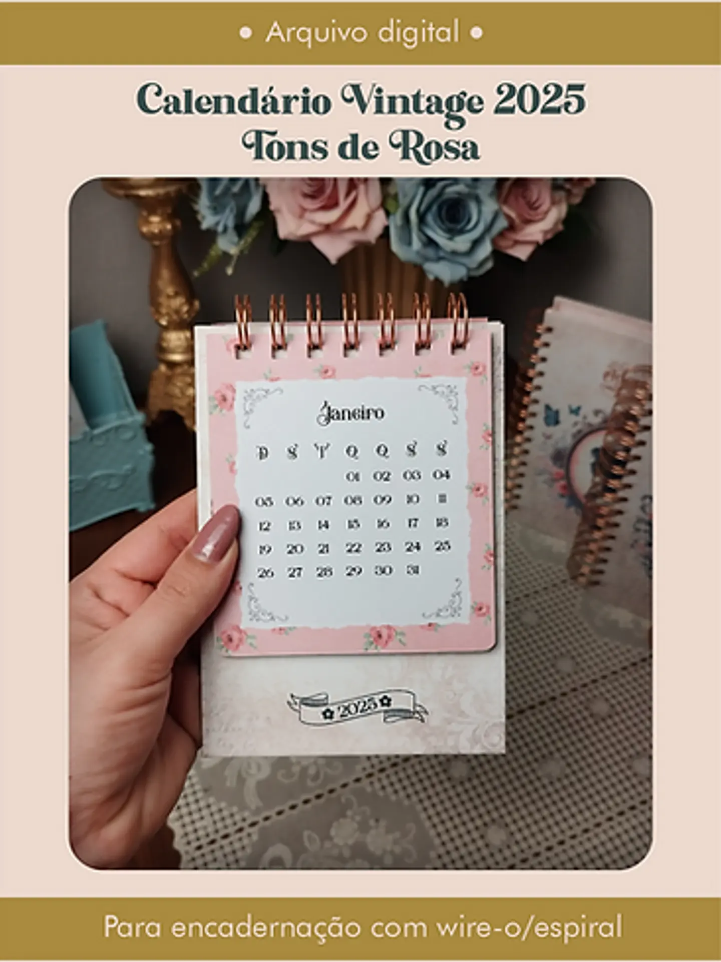 Arquivo Calendário Vintage 2025 Tons de Rosa - Perfeito Miolo 5