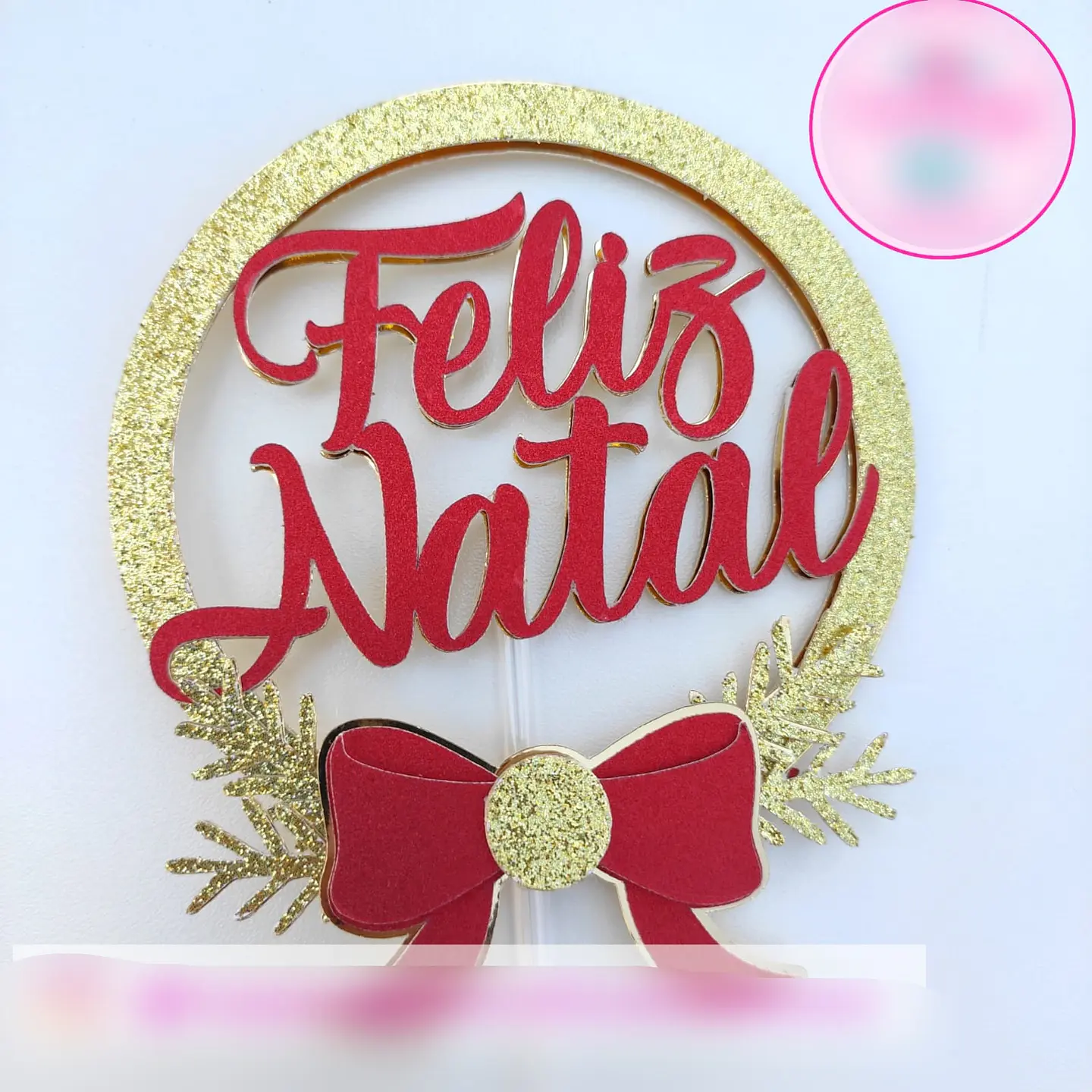 Arquivo Topo de Bolo Feliz Natal Circular Com Laço - em camadas 1