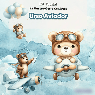 Kit Digital Urso Aviador Aquarela - illustradeb
