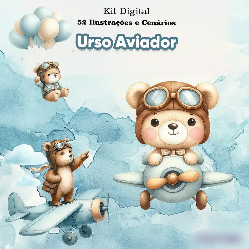 Kit Digital Urso Aviador Aquarela - illustradeb 1