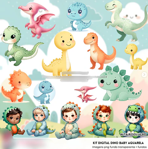 Kit Digital Dinossaura Aquarela Baby - Fanddy