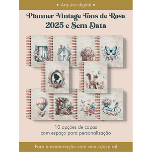 Arquivo Planner Vintage Tons de Rosa 2025 e sem data Wire-o ou Espiral - Perfeito Miolo