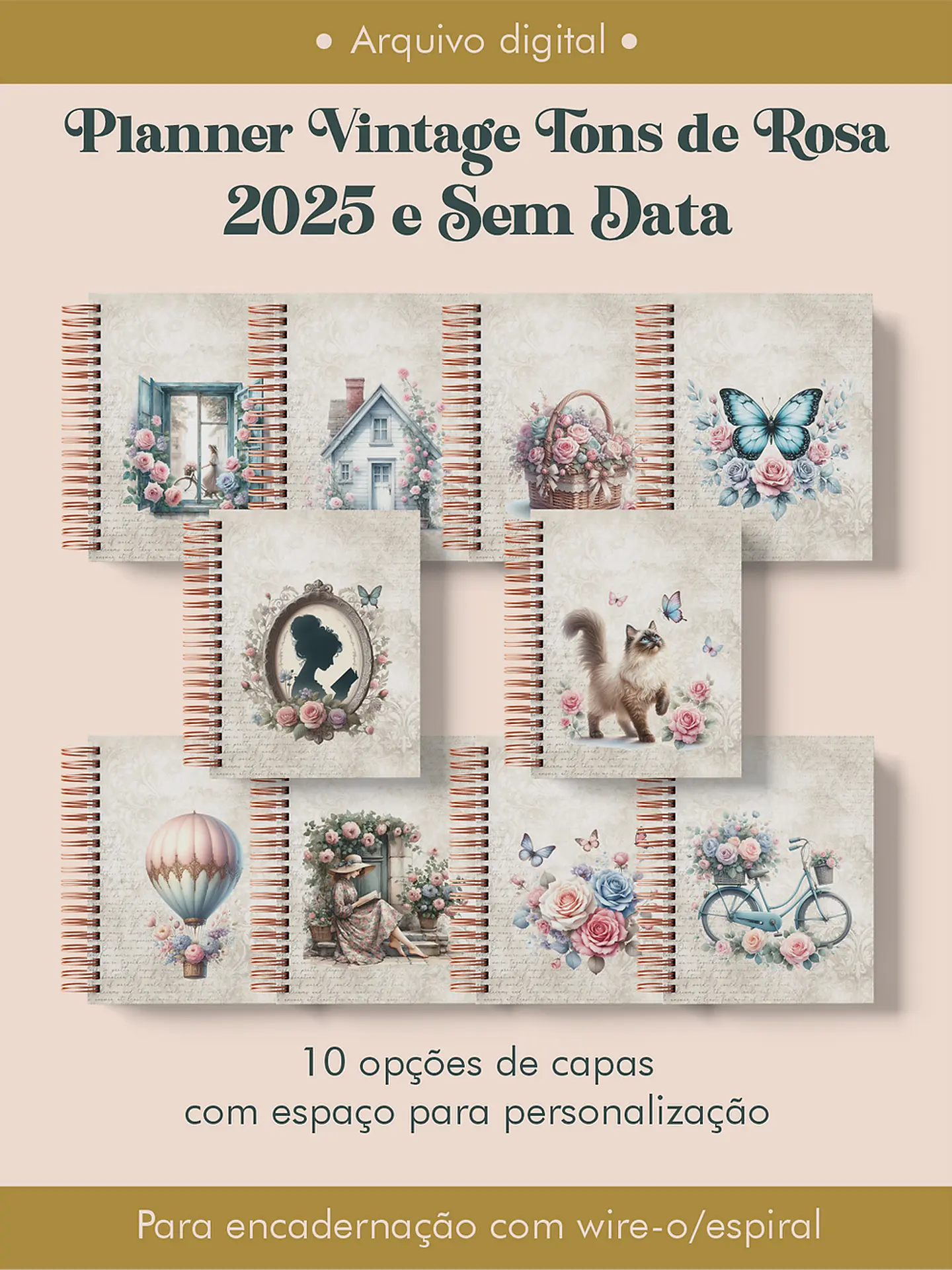 Arquivo Planner Vintage Tons de Rosa 2025 e sem data Wire-o ou Espiral - Perfeito Miolo 1